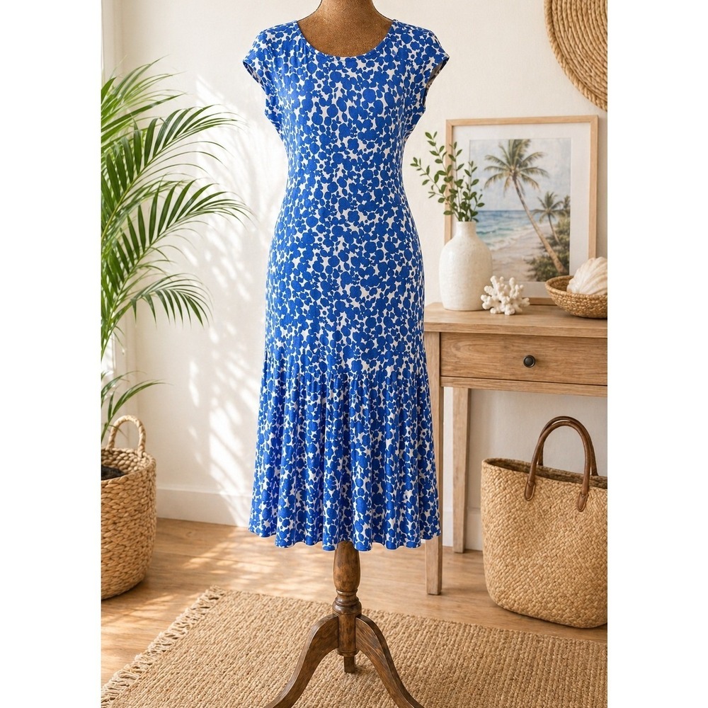 Boden Blue White Floral Drop Waist Midi Dress Stretch Knit Cap Sleeve 6 regular